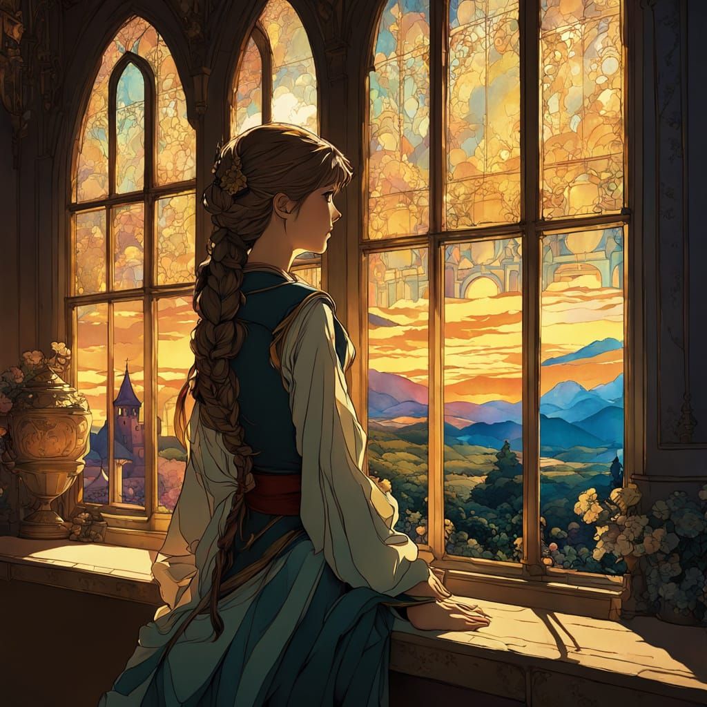 Girl by Window in Chiaroscuro Anime Style