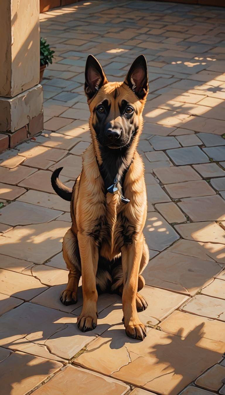Malinois Puppy Playing in Yard: Anime 3D Art