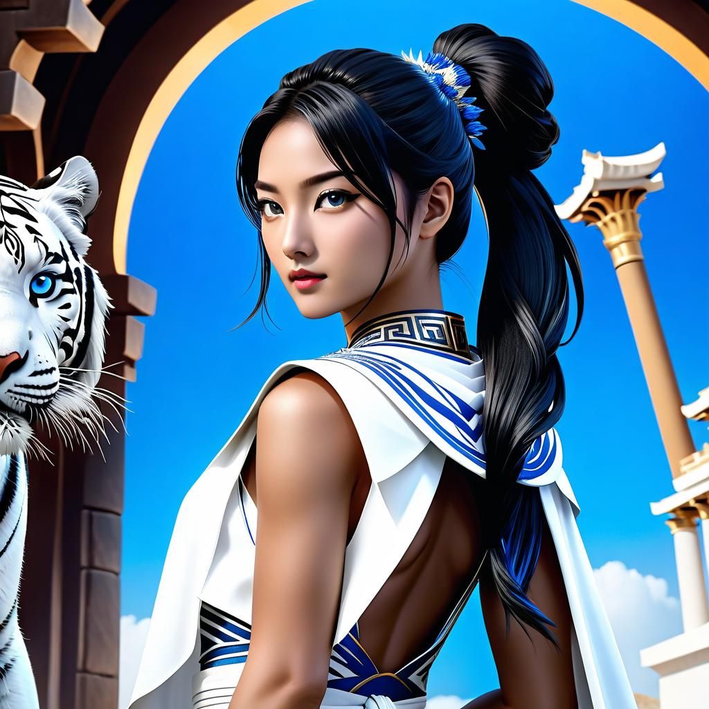 Titaness Kitana with White Tiger in Fantasy Art