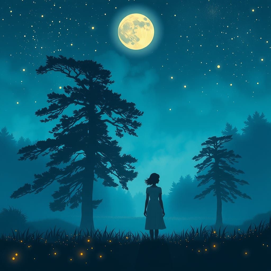 Woman in Starlit Forest, Inspired by Studio Ghibli