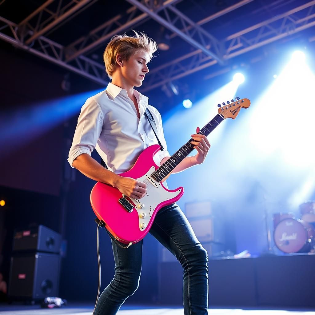 Blonde Guitarist Plays Pink Electric Guitar Live