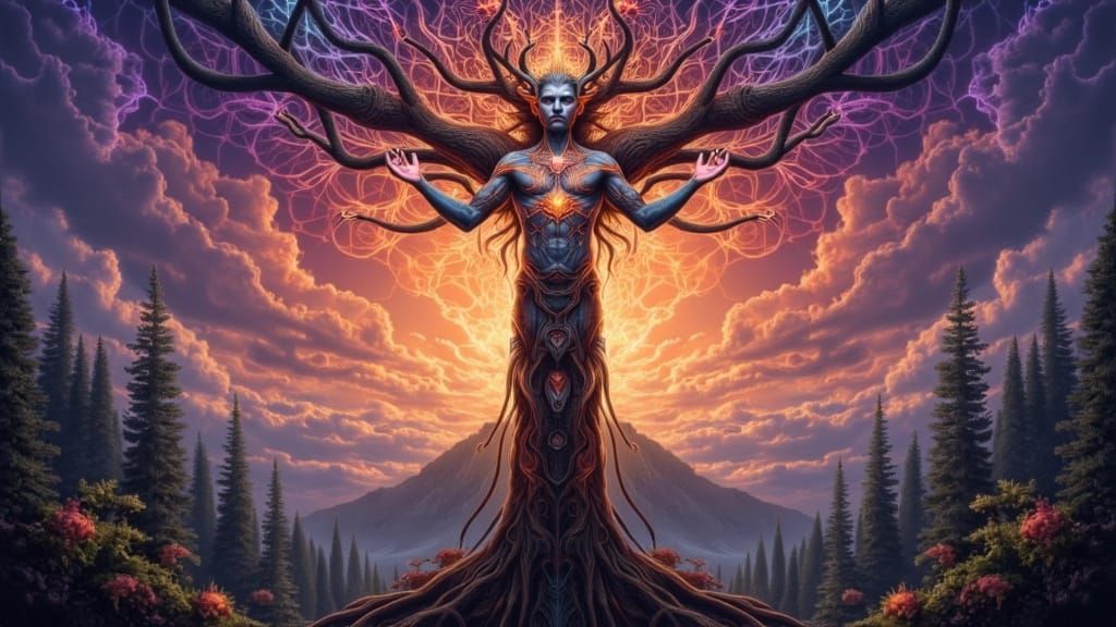 Fractal-Faced Shaman Summons Storm on Redwood