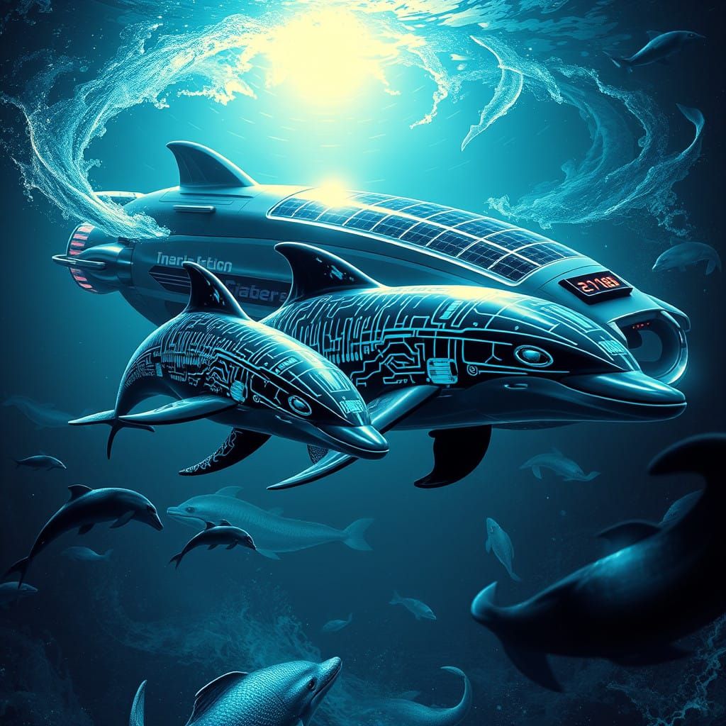 Cyberpunk Dolphins Swim Beside Solar-Powered Submarine in Fu...