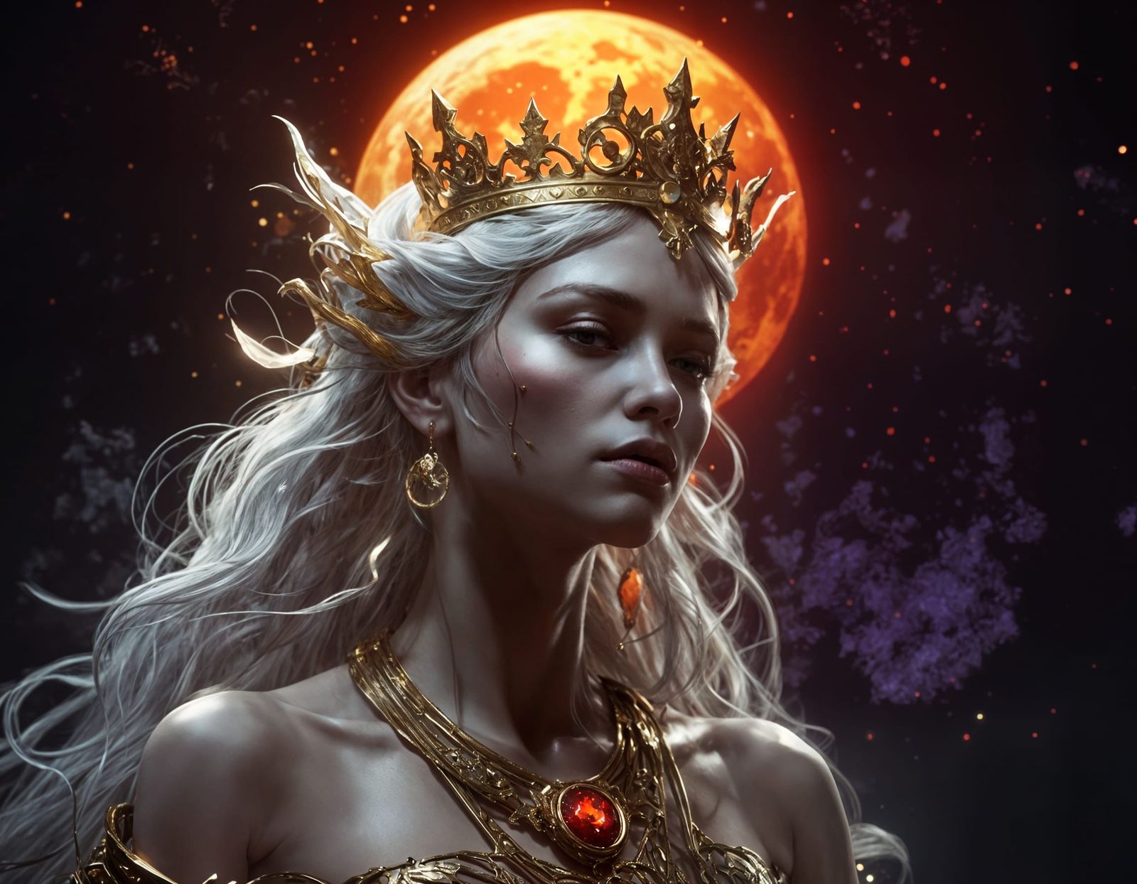 Albino Goddess Under Dripping Blood Moon: Dark Fantasy Art