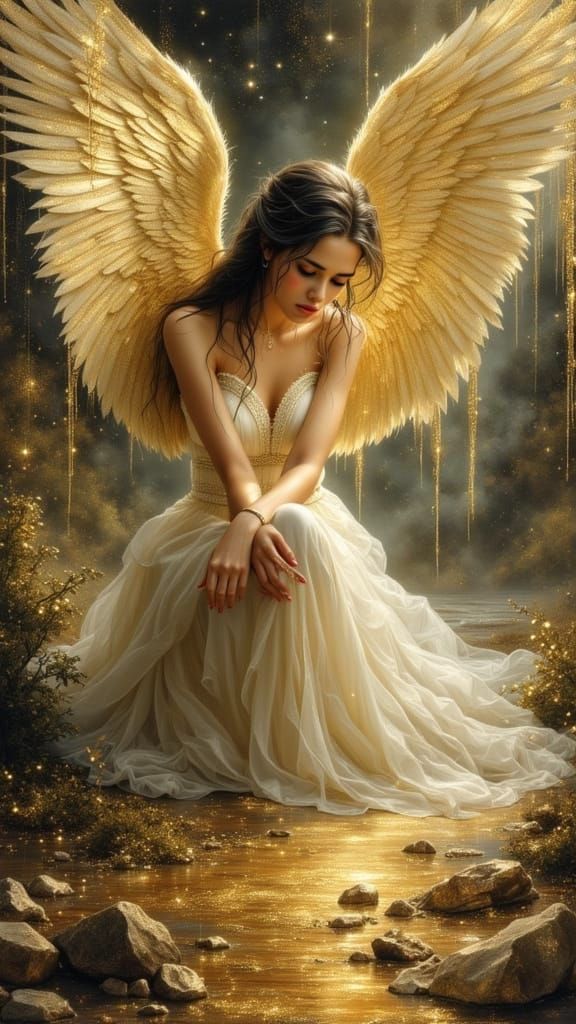 Woman with Angel Wings in Golden Tears, Oil Painting