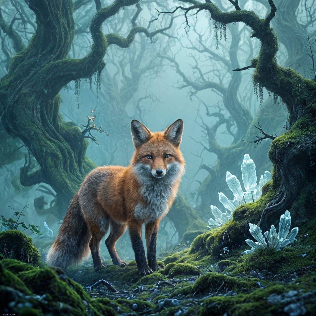 Solitary Fox in Ethereal Forest with Crystal Structures