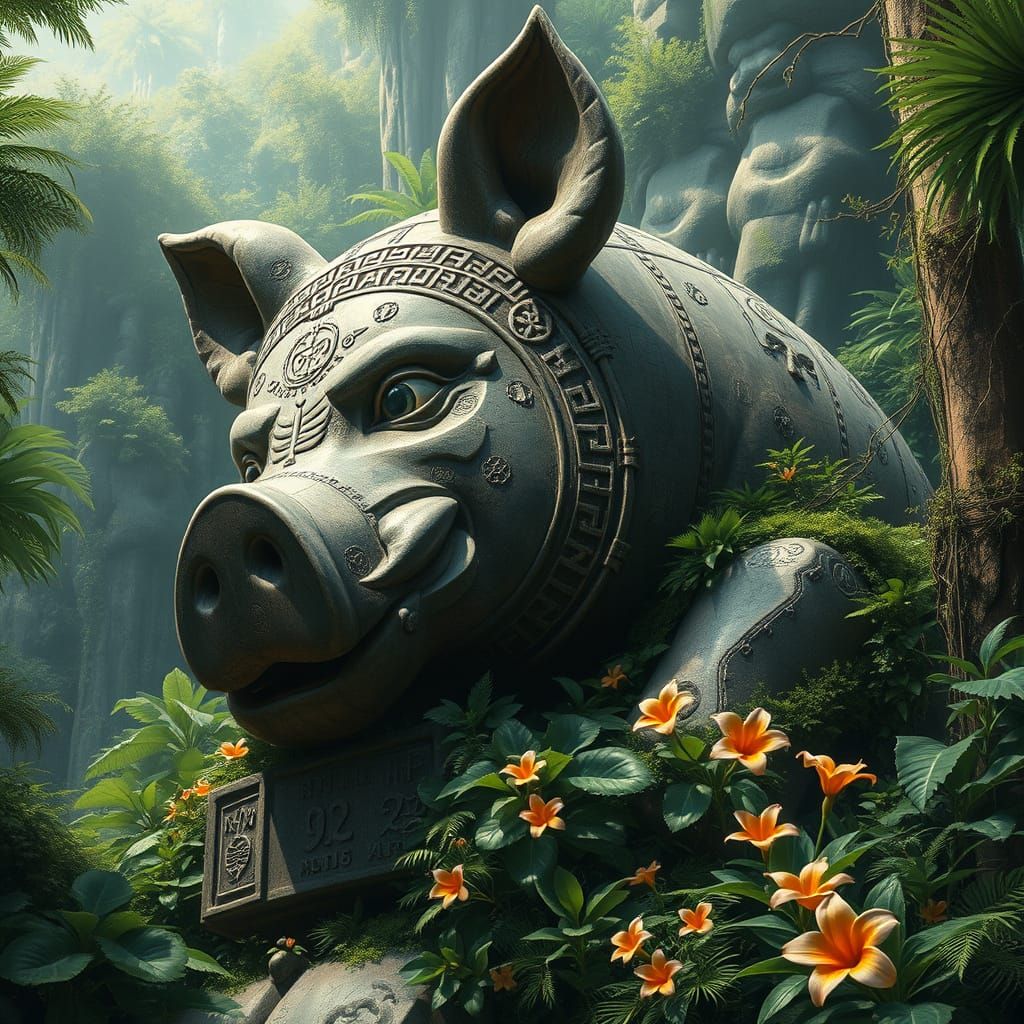Jungle Pig Deity Statue with Ancient Runes