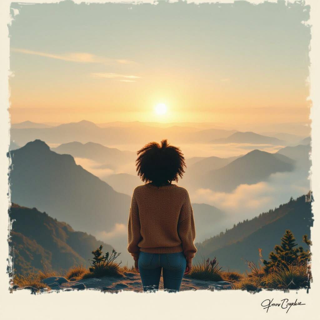 Black Woman Silhouette Gazing into Misty Valley in Afrofutur...