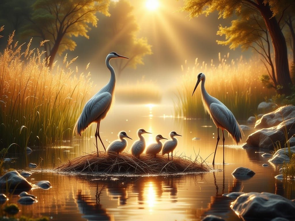 Whooping Crane Family at Sunrise Nesting