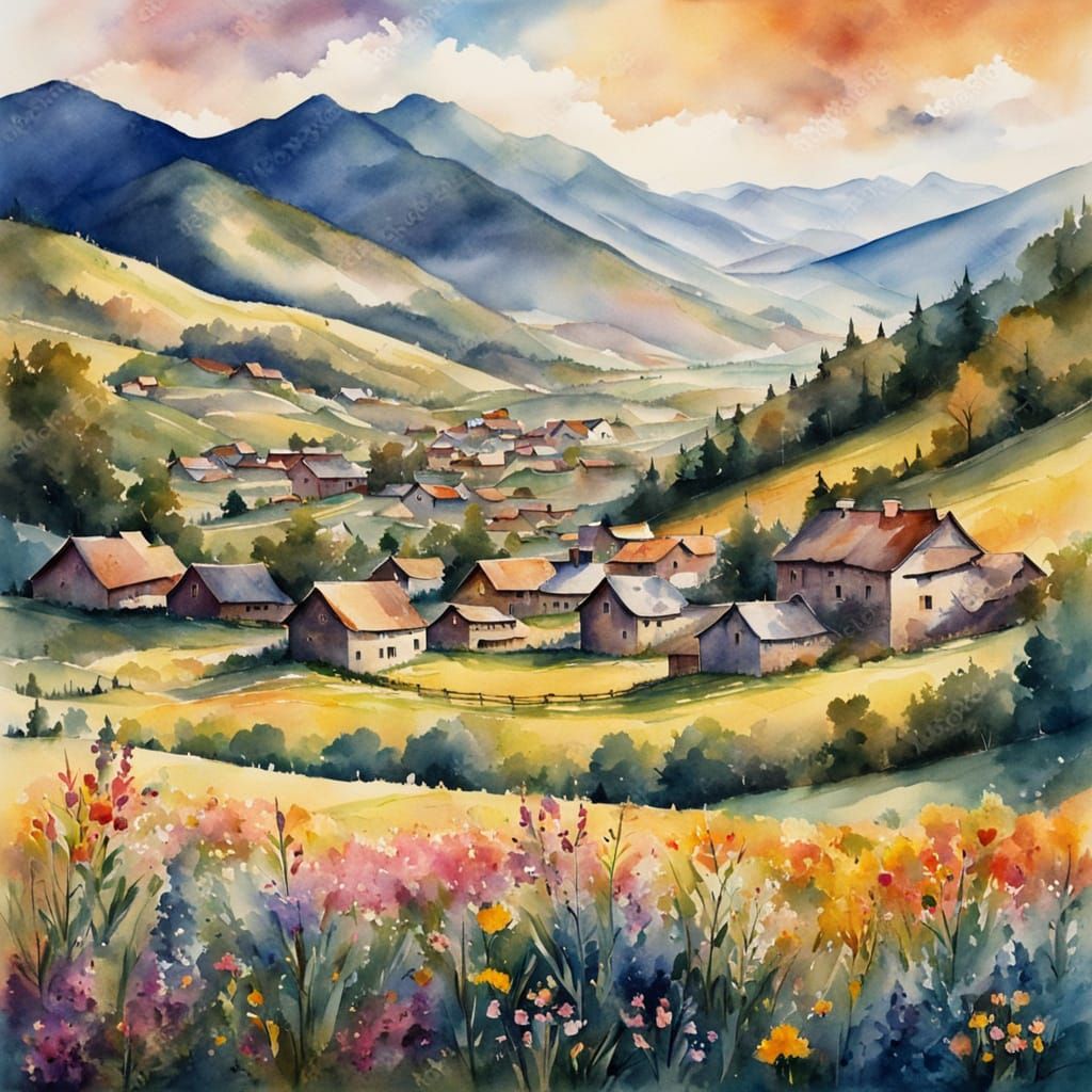Nineteenth Century Mountain Village in Watercolor