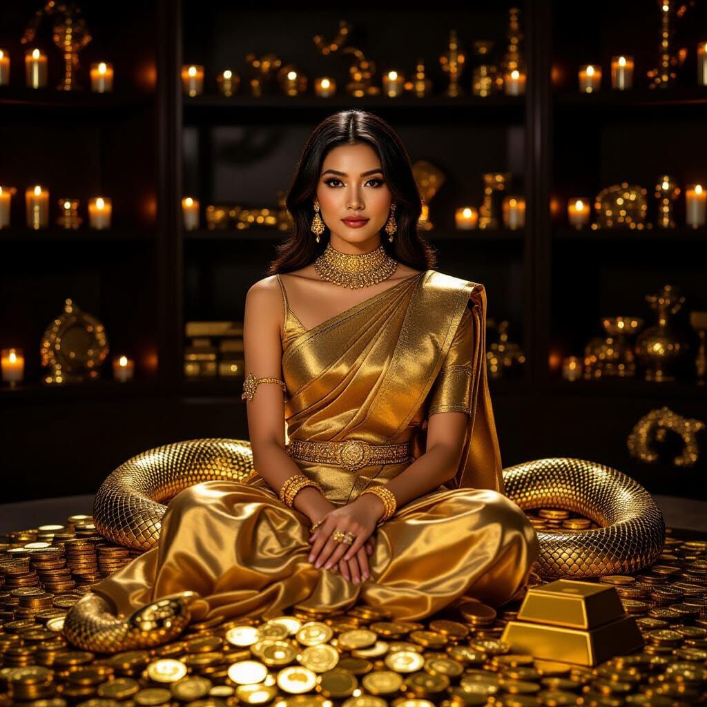 Golden Woman with Snake in Opulent Setting