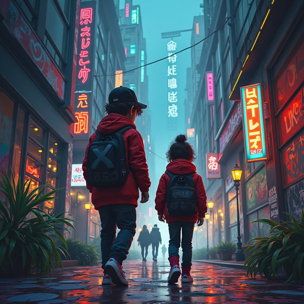 Modern-Day Hansel and Gretel in Futuristic Cityscape