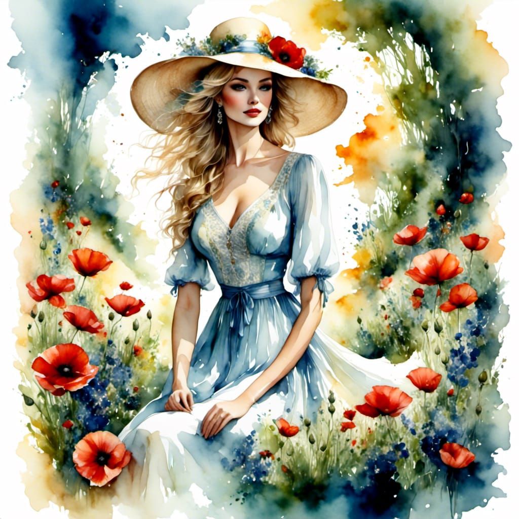 Garden Nymph in Lush Watercolor Garden