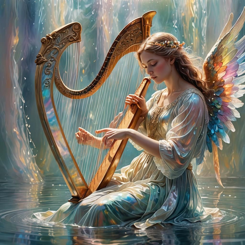 Ethereal Angel Plays Harp in Oil Painting Style