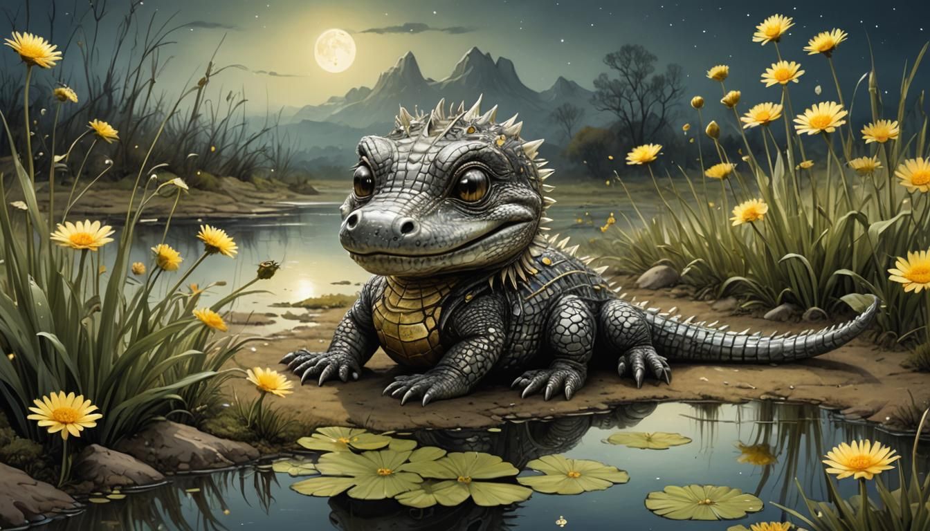 Adorable Baby Crocodile in Fantasy Art Style