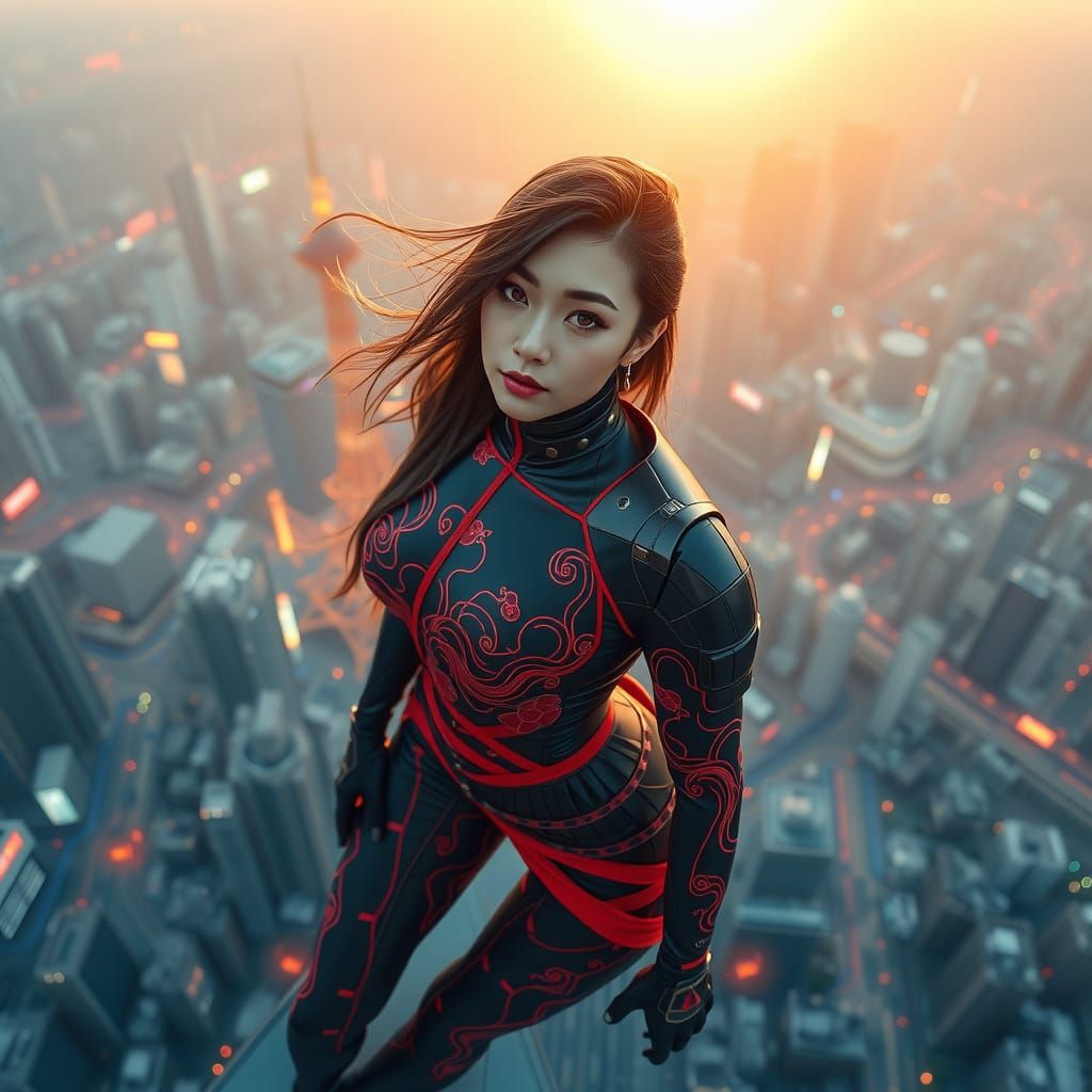 Japanese Heroine in Cyberpunk Cityscape
