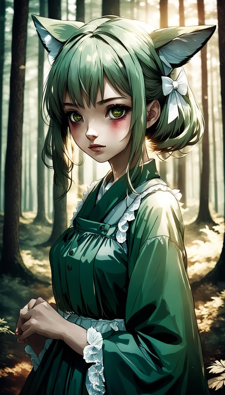 Forest Kemonomimi Girl in Four-Panel Manga Style