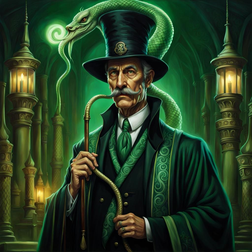 Eerie Slytherin Wizard with Serpent Wand in Hogwarts