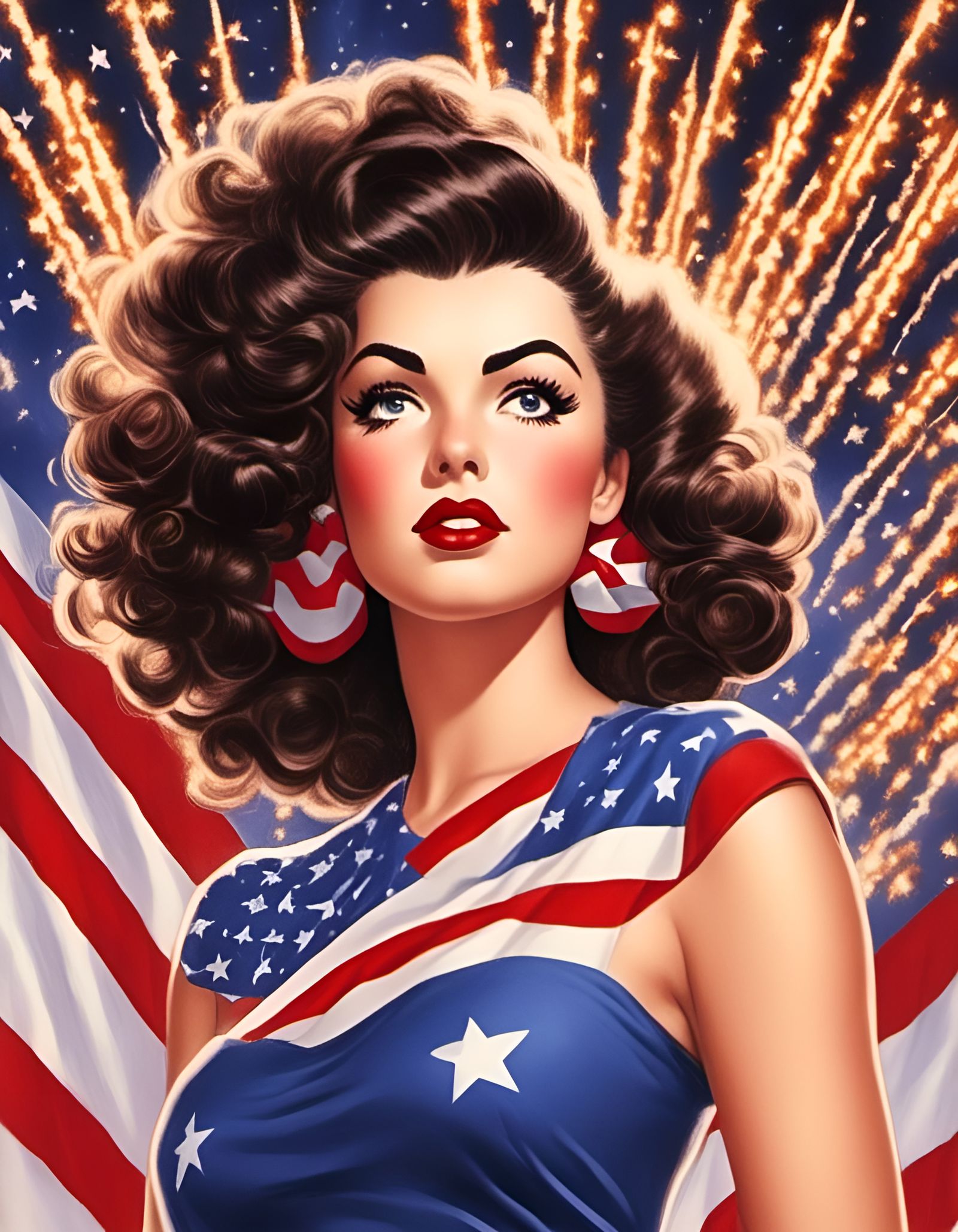 Patriotic Punk Pinup with American Flag and Fireworks