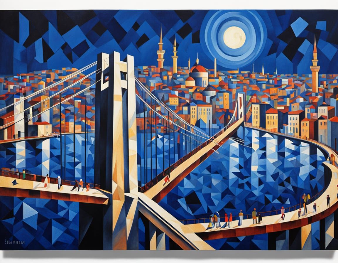 Cubist Bosphorus Bridge Reflected in Geometric Shards
