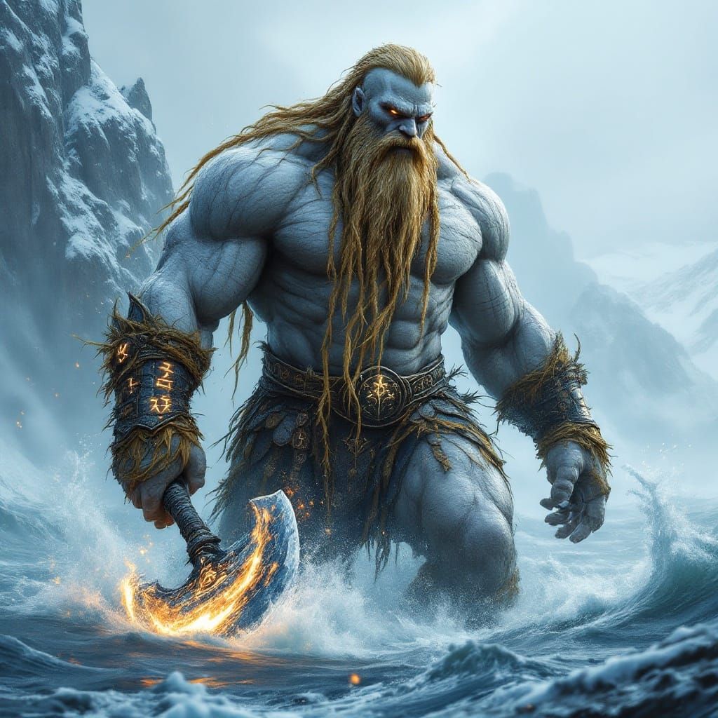 Mighty Norse Jotunn Emerges from Icy Sea in Cyberpunk Style