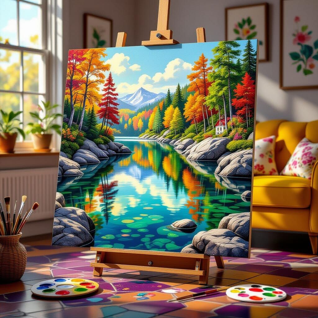 Vibrant Lake Reflection with Art Studio Elements