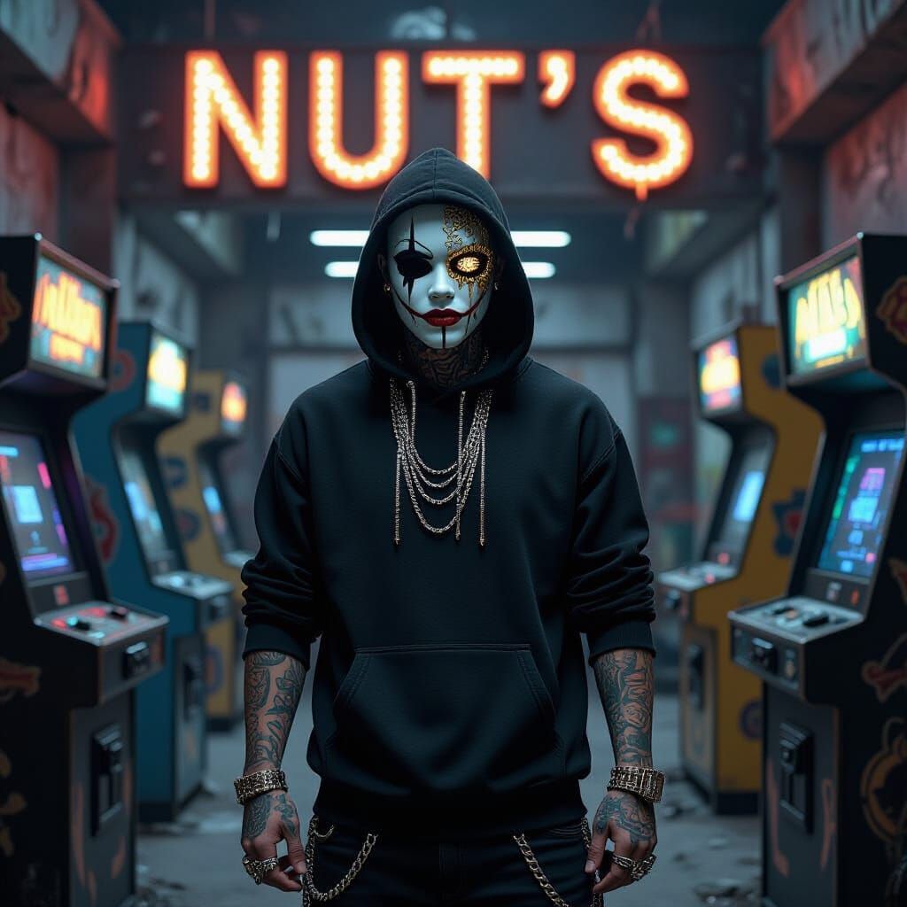 Cyberpunk Figure in Dilapidated Arcade