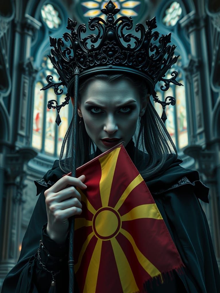 Menacing Vampire Queen in Gothic Cathedral, Hyperrealistic S...