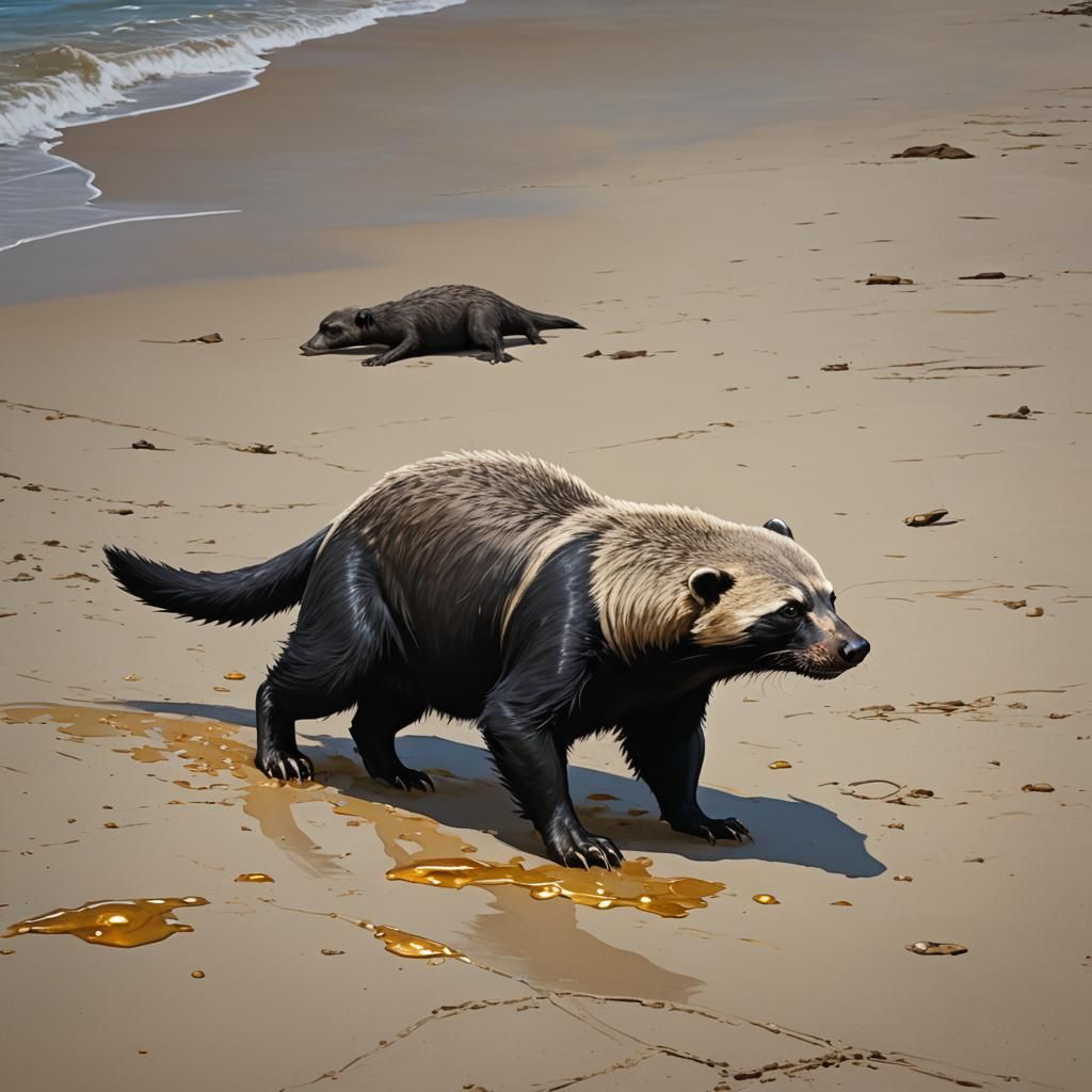 Honey Badger on Beach in Action Painting Style