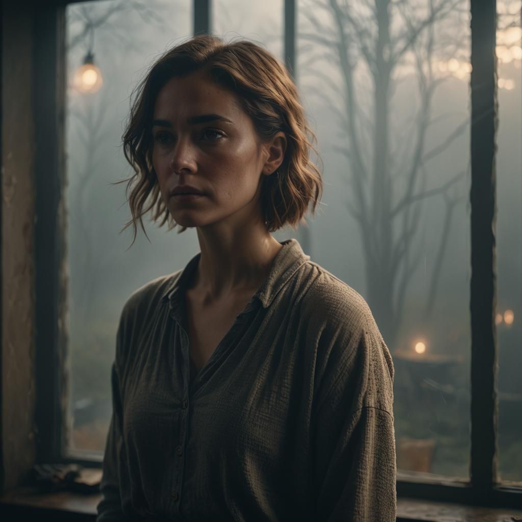 Contemplative Woman in Misty Light: Hyperrealistic Still