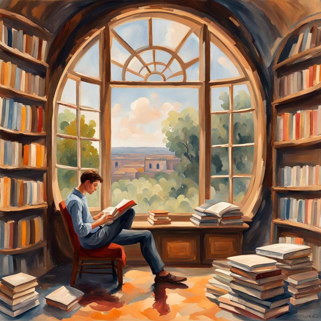 Man Reading in Gouache Style Book Room