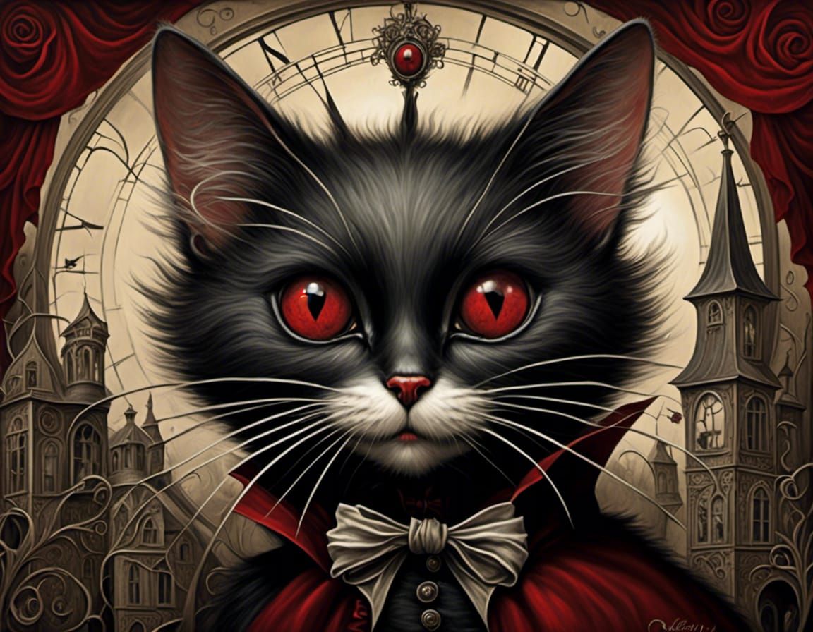 vampire cat , victorian, gothic whimsical <lora:Mixed Art:1....