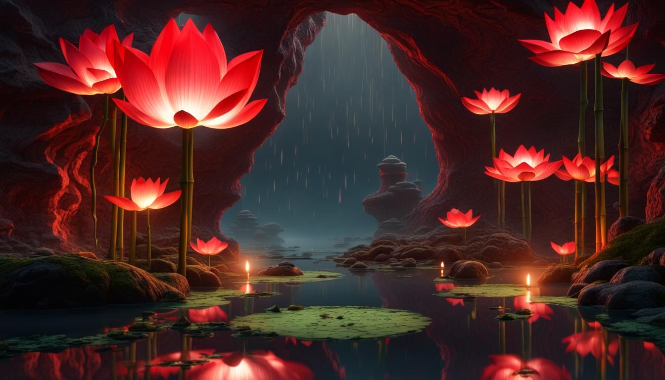 Buddha in Cave with Lotus Flowers and Red Energy