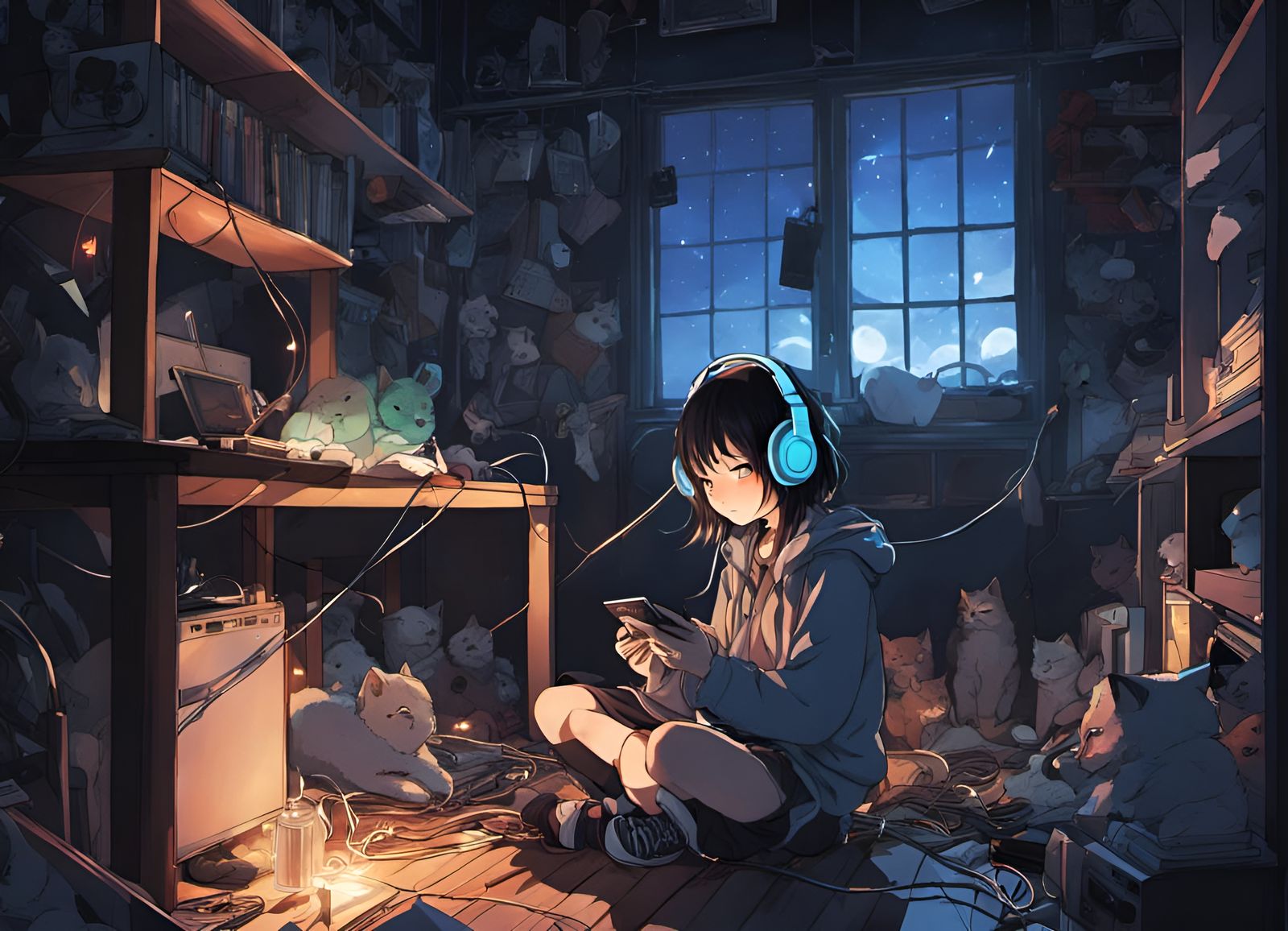 Gothic Girl Listening to Music in Anime Style