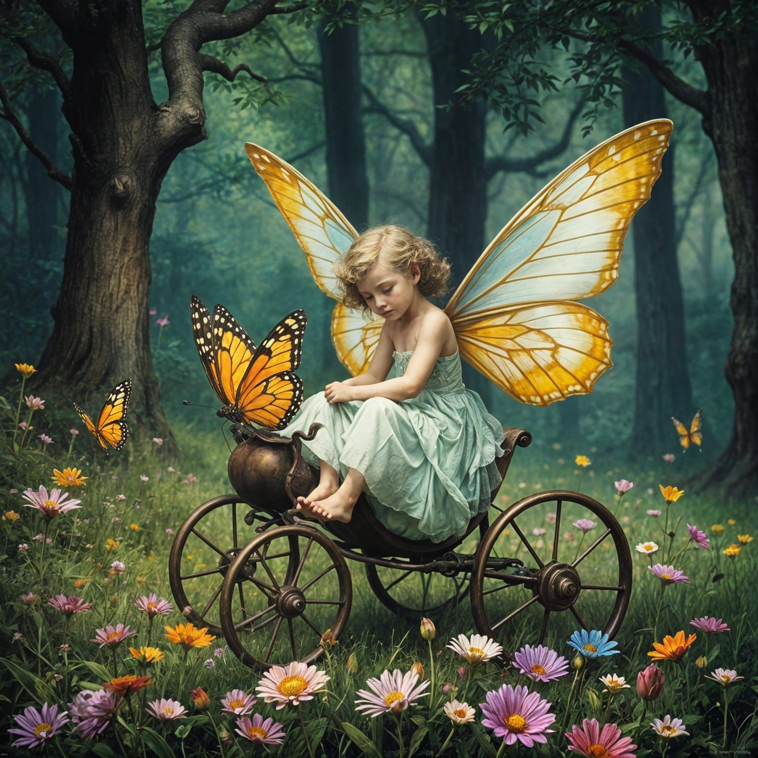 Tiny Fairy Rides Colorful Butterflies in Enchanted Forest