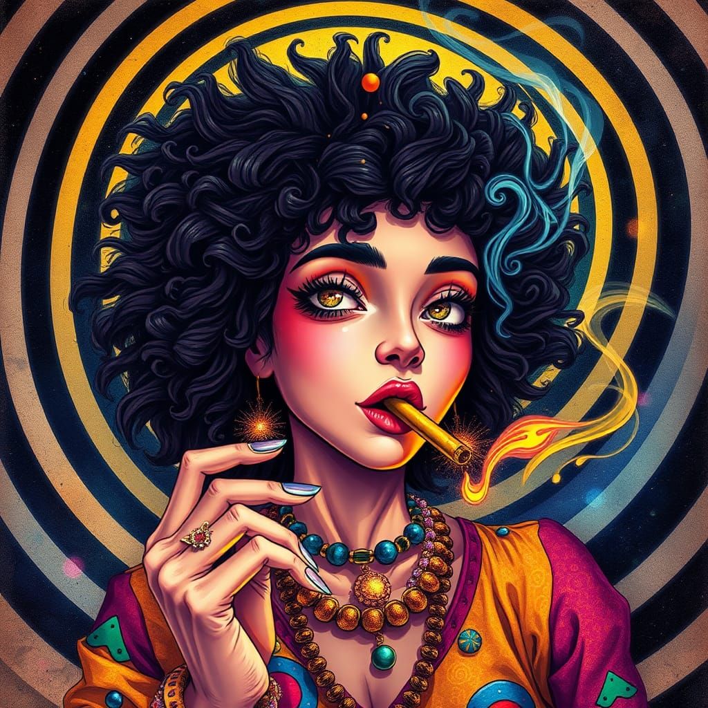 Whimsical Woman with Cosmic Aura Smoking