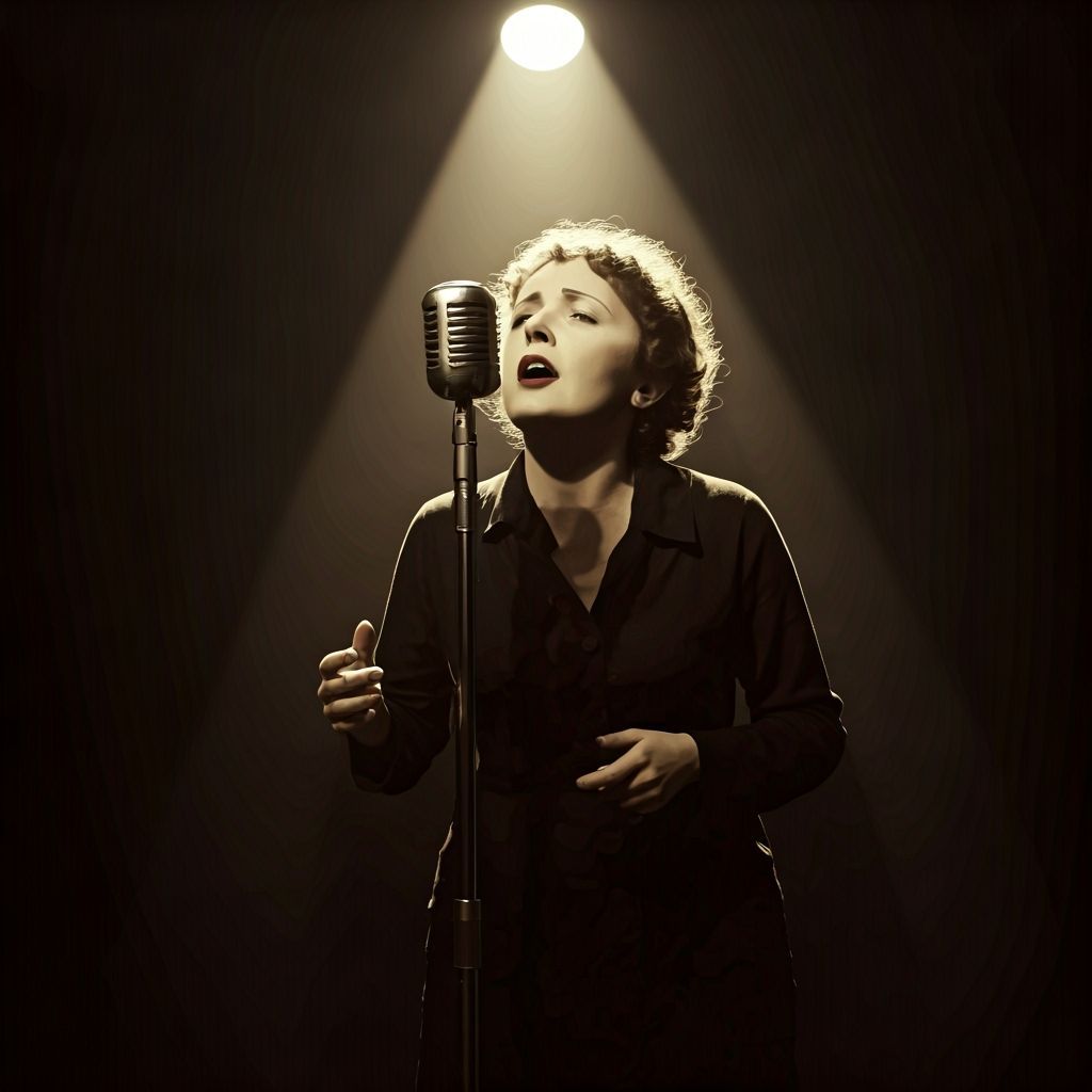 Edith Piaf Sings Passionately on Stage in Noir Style