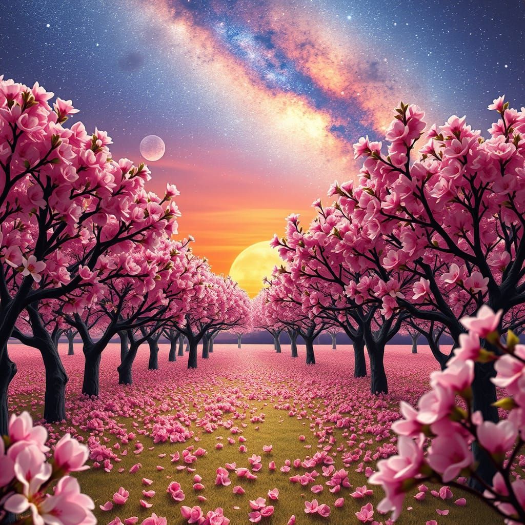 Pink Almond Tree Grove in Space Bubble, Origami Style
