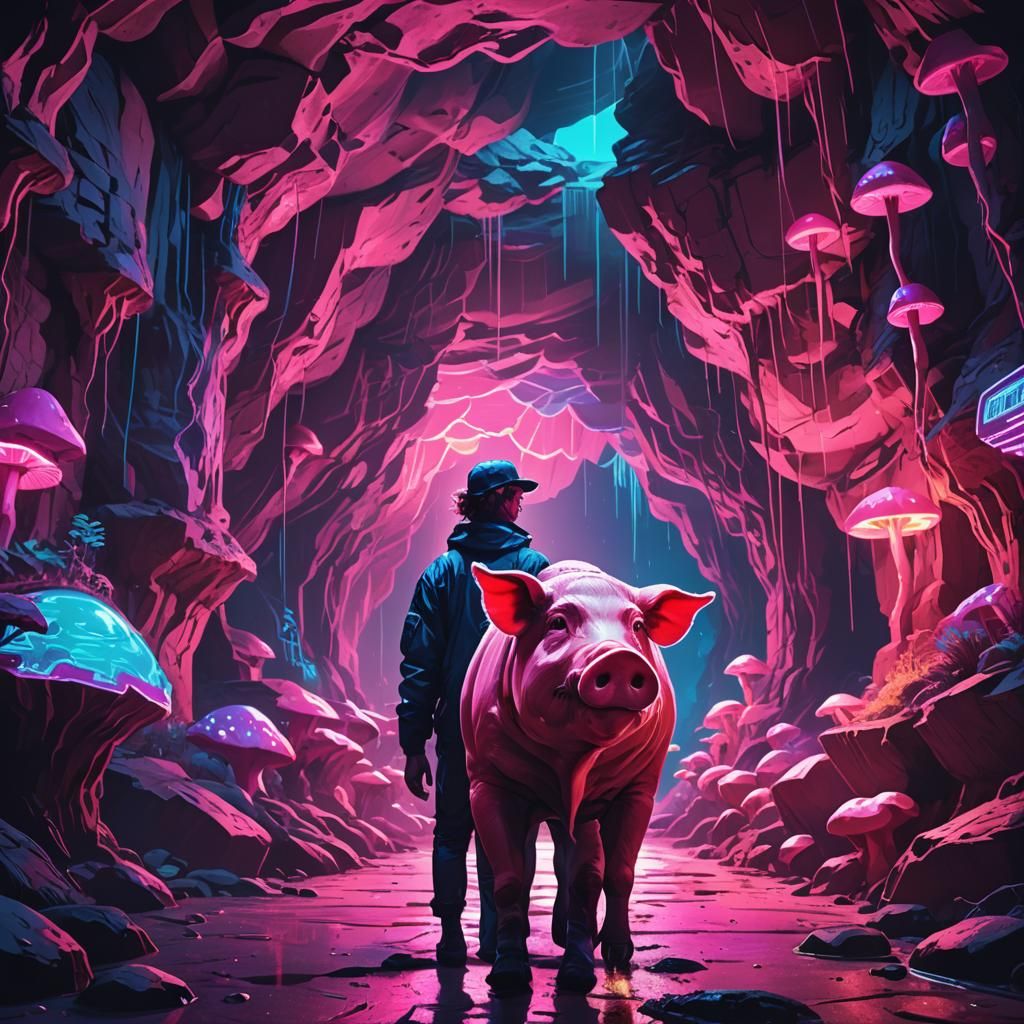 Synthwave Pig Person in Neon Cave
