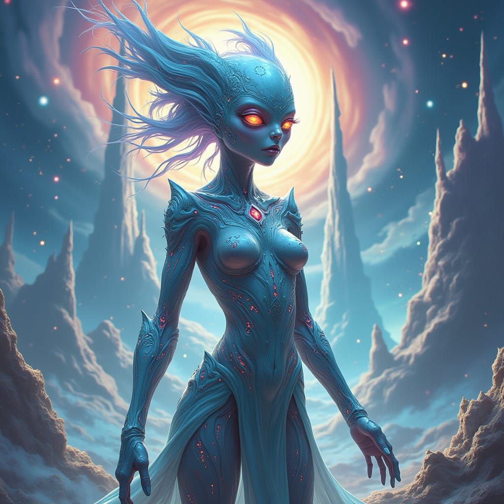 Ethereal Alien Warrior in Dreamlike Landscape