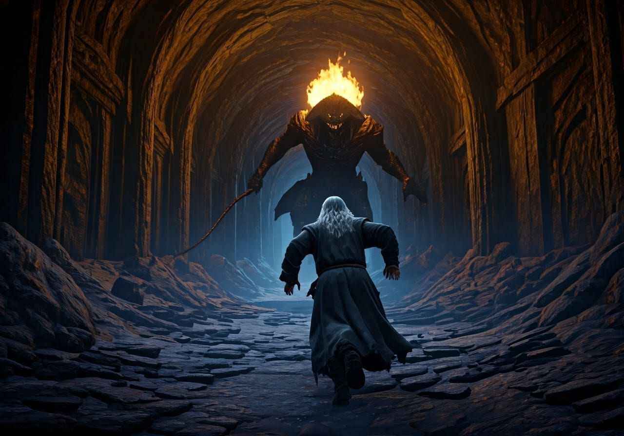 Gandalf and Balrog in Moria, Dark Fantasy Art