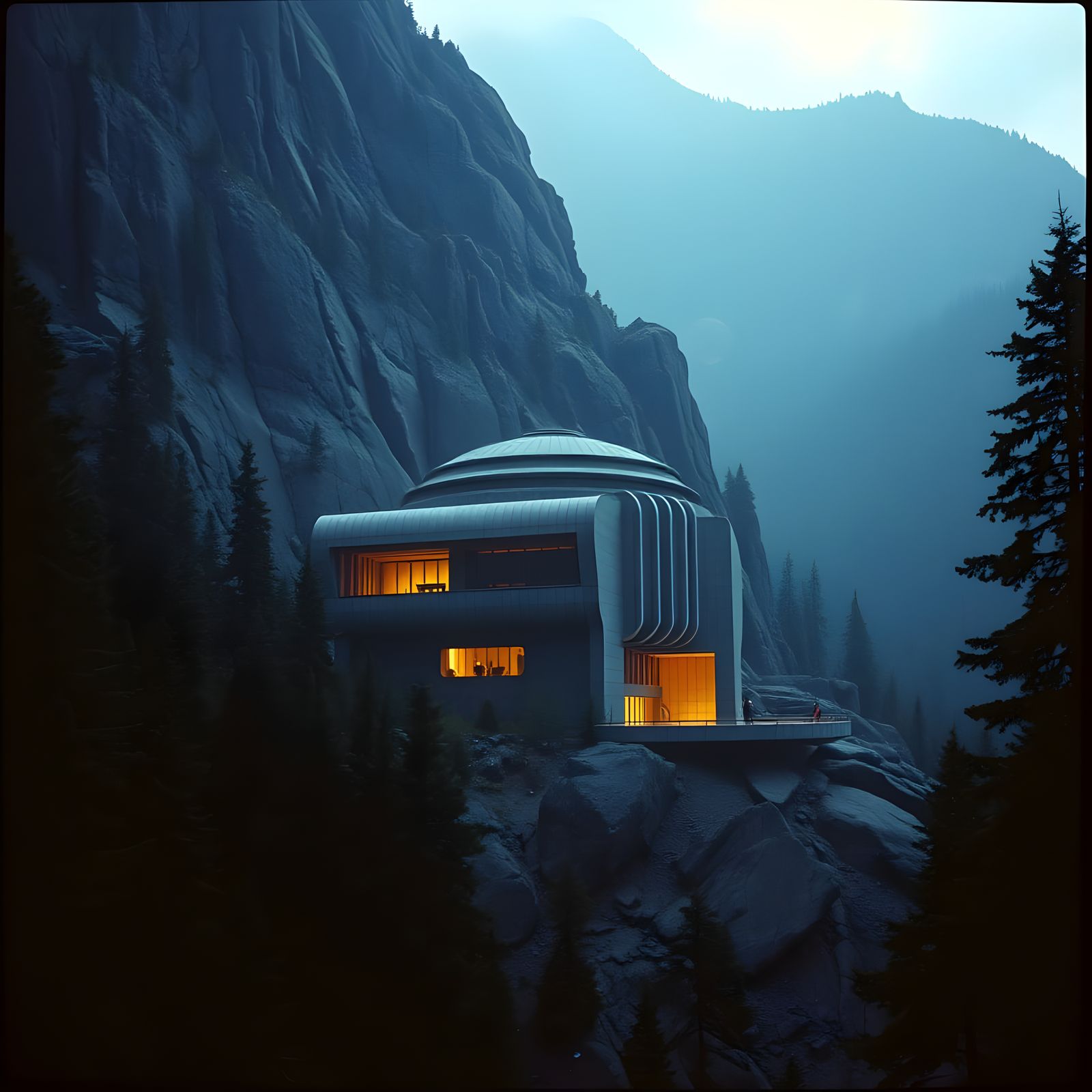 Futuristic Brutalist Building in Forested Mountain Landscape