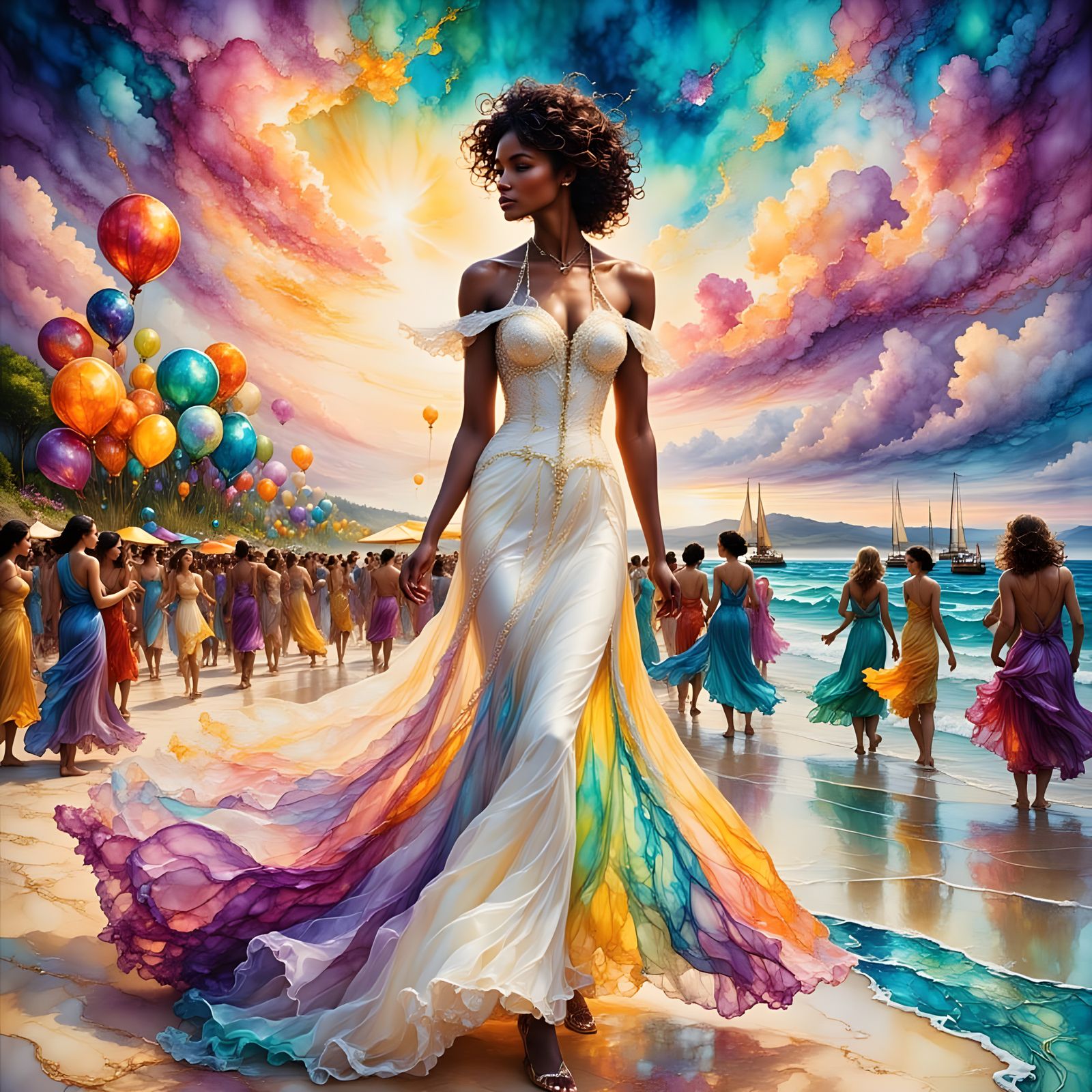 Alcohol-Ink Lady on Beach in Hyperrealistic Style