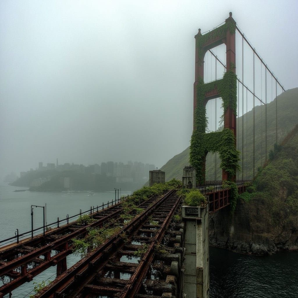 Decaying Golden Gate Bridge in Dystopian Style