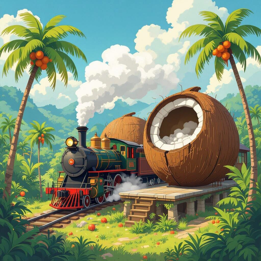 Whimsical Coconut Train Station in Tropical Fantasy