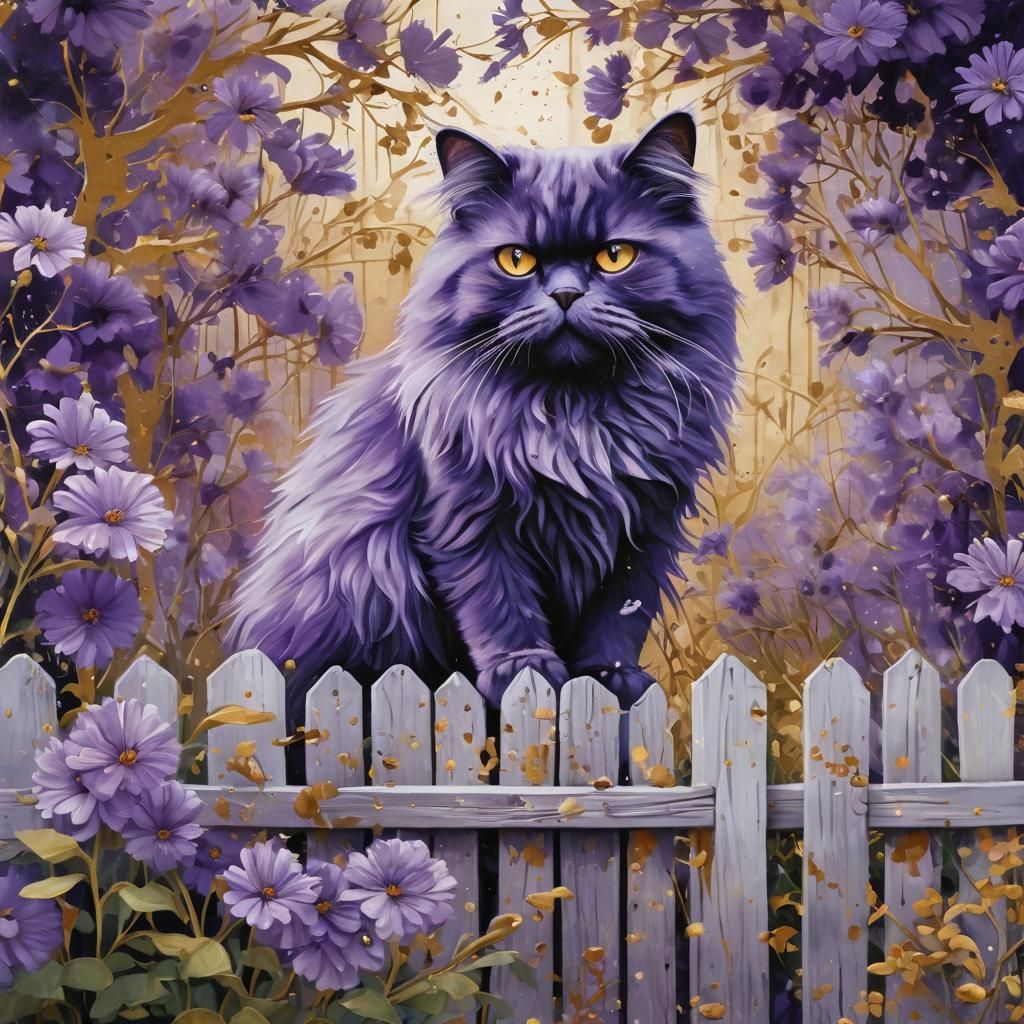 Purple Floral Portrait of Persian Cat in Ink Splatter Art