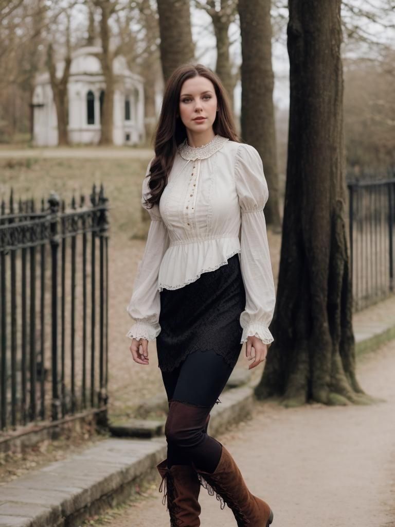 Woman in Lace Dress on English Riverbank