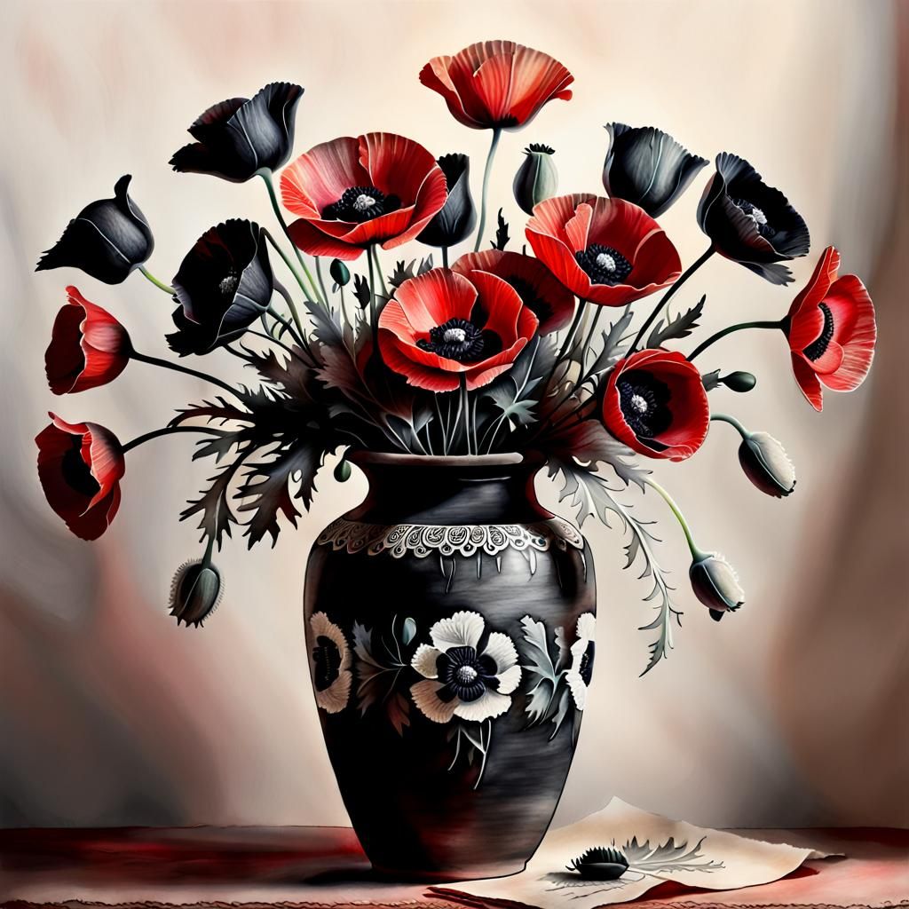 Poppies in Charcoal: Black, White, and Red Bouquet