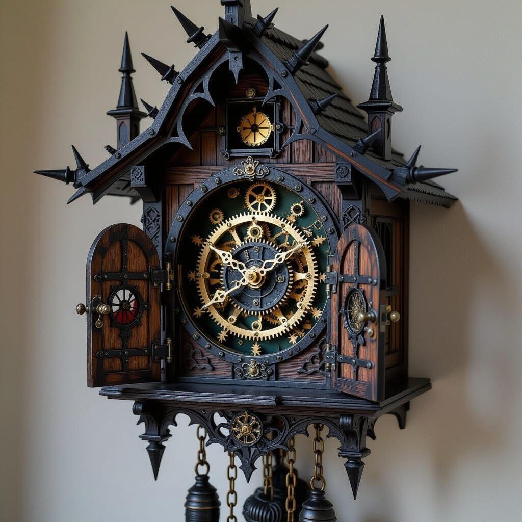 Gothic Cuckoo Clock with Biomechanical Dragon, Beksiński Sty...