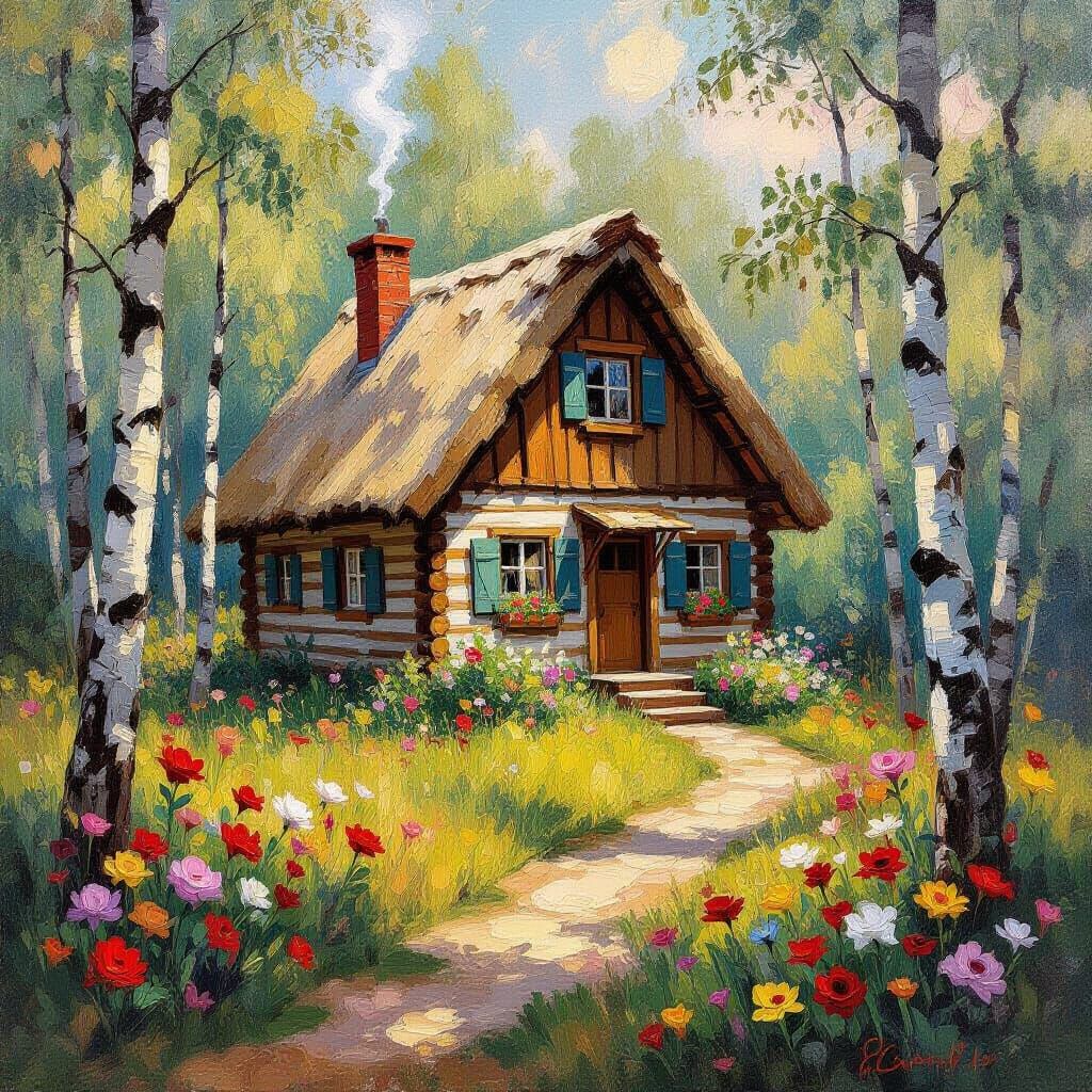 Fairy Forest Log Cabin with Flowers in Impressionist Style